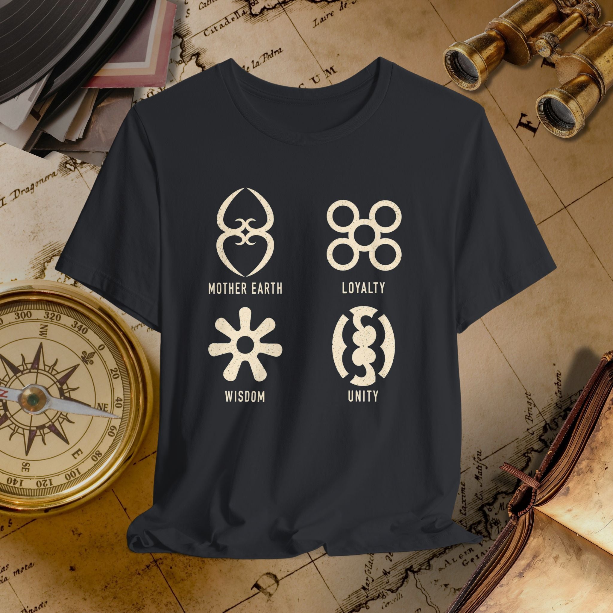Black t-shirt with symbols and text on a vintage map background