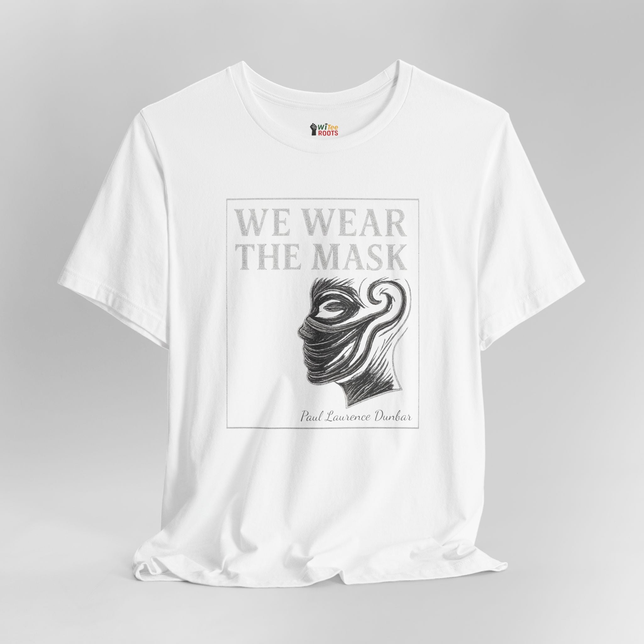 White t-shirt with graphic design and text on a gray background