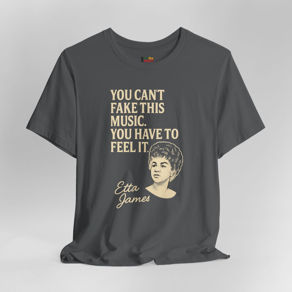 Gray t-shirt with text and a portrait of Etta James on a gray background