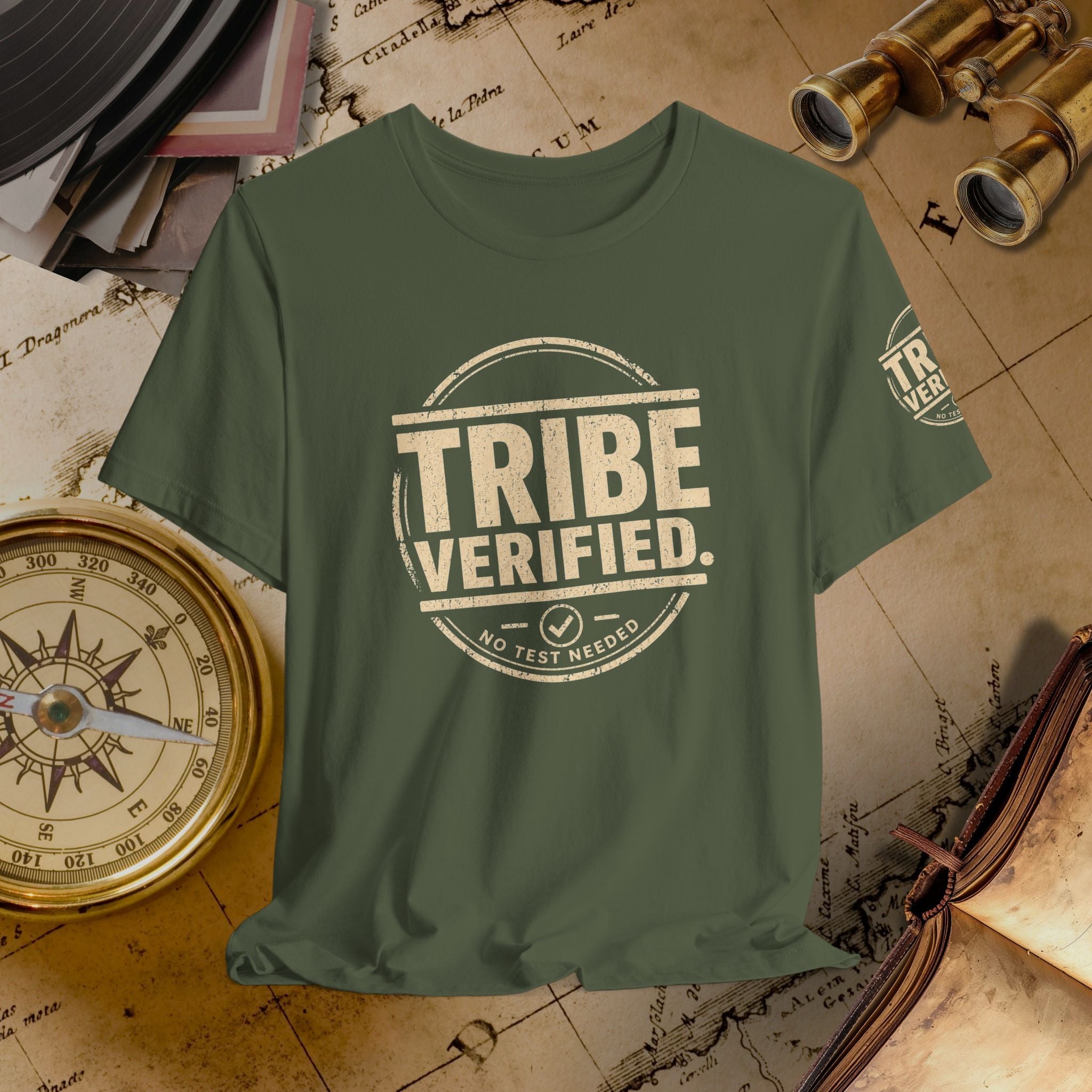 Green t-shirt with 'TRIBE VERIFIED' text on a vintage map background