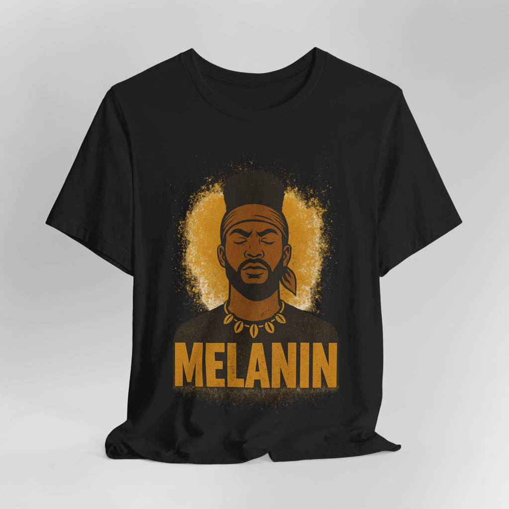 Black t-shirt with a graphic of a man's face and the word 'Melanin' on a gray background