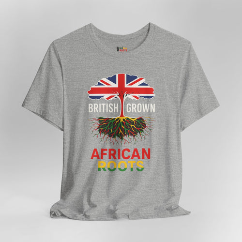 Gray t-shirt with a graphic design featuring the Union Jack, roots, and text on a gray background