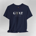 Navy blue t-shirt with 'Greatest of All Time' text and goat graphic on a gray background