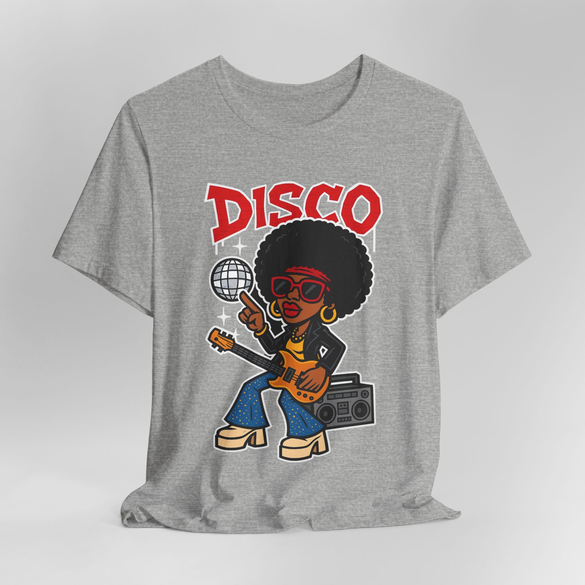 Gray t-shirt with a cartoon character holding a boombox and disco ball, with 'DISCO' text above on a light gray background.