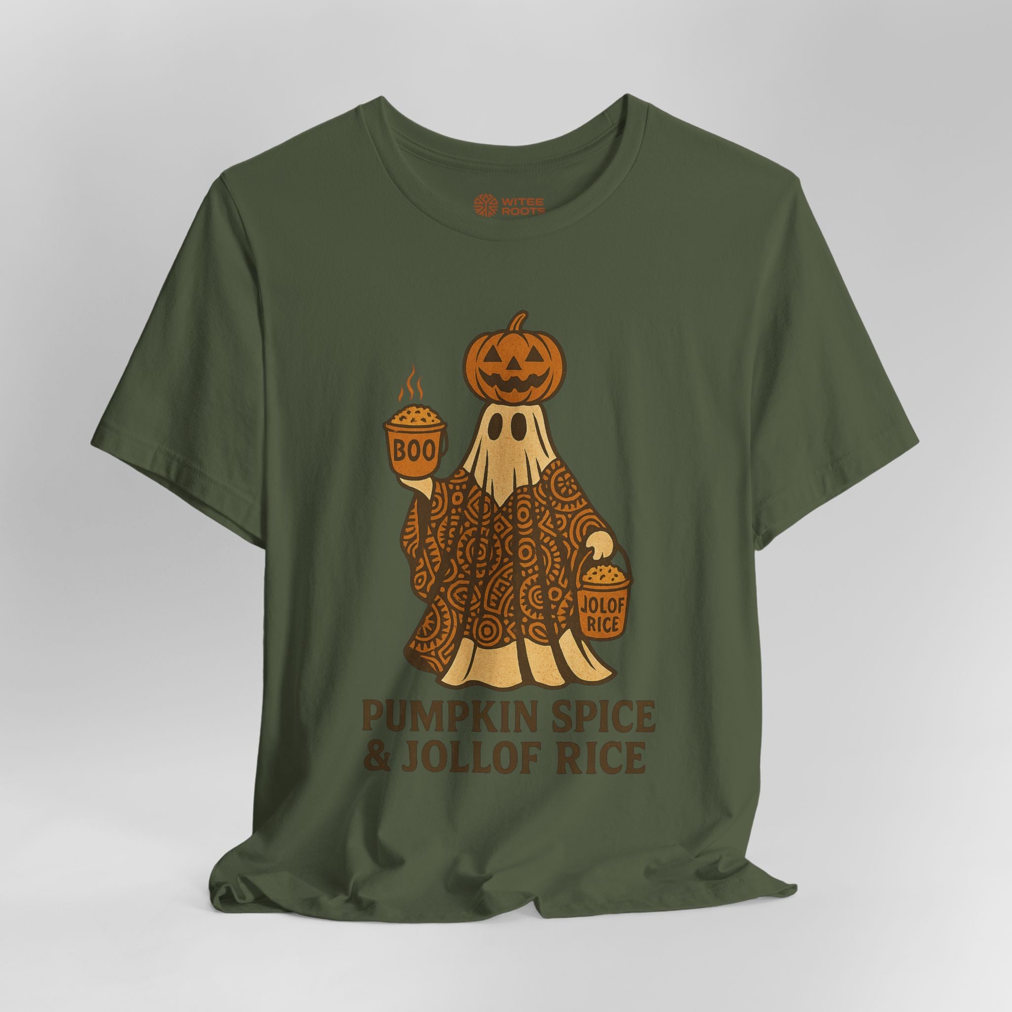 An olive green short-sleeve t-shirt with a Halloween graphic of a ghost in a patterned robe holding pumpkin spice latte and jollof rice buckets, with the text 'PUMPKIN SPICE & JOLLOF RICE' printed below.