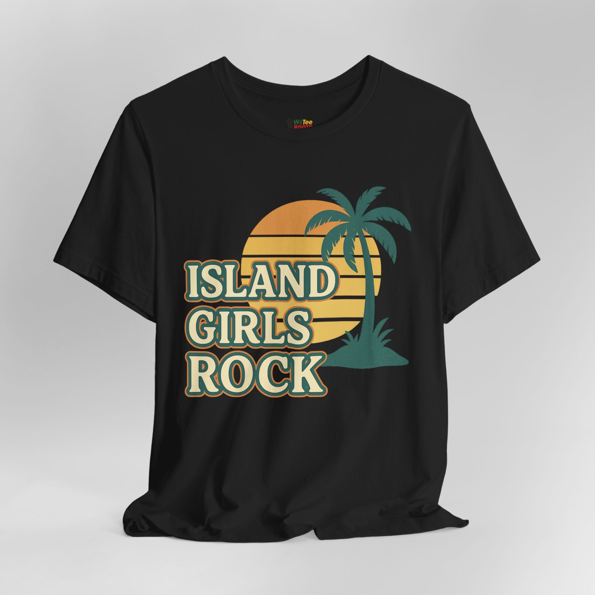Black t-shirt with 'Island Girls Rock' graphic on a gray background