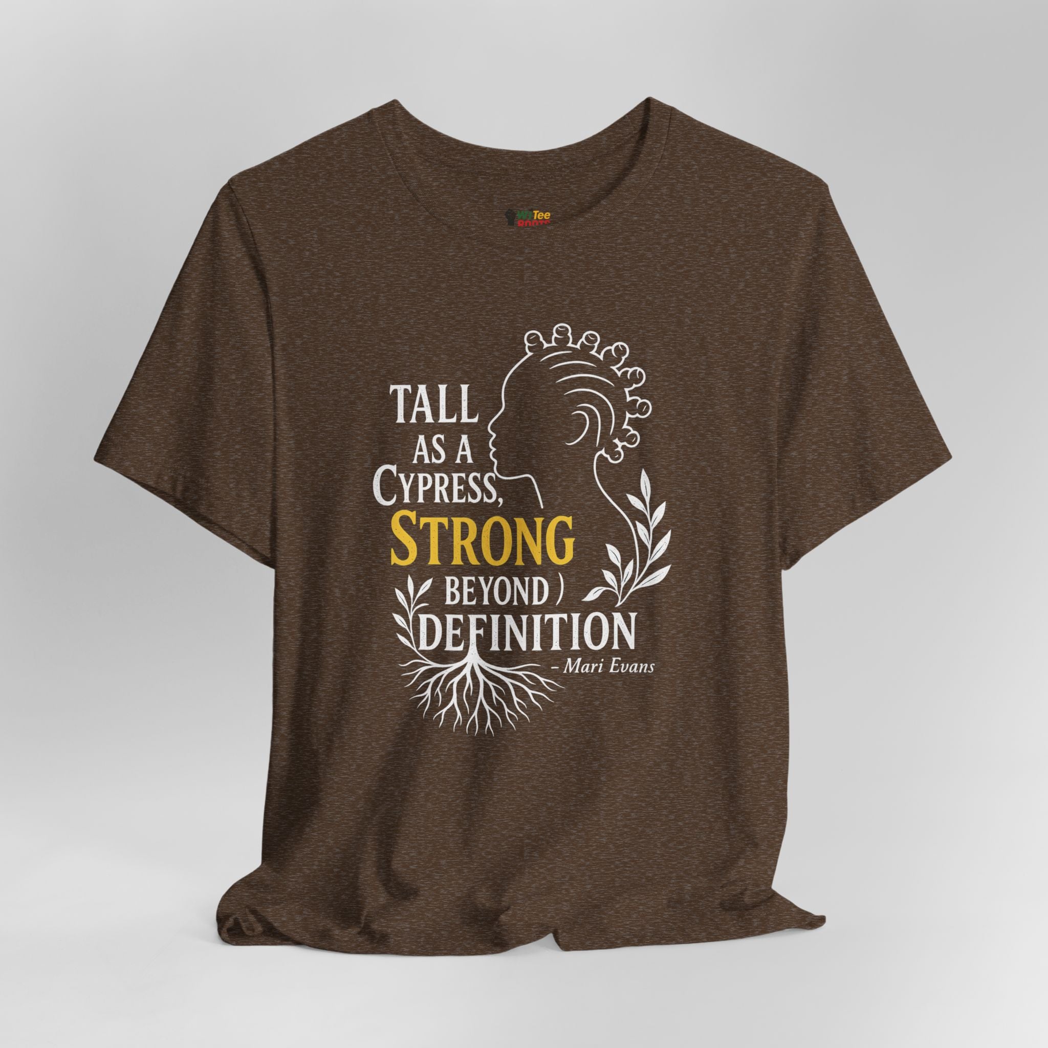 Brown t-shirt with motivational quote design on a gray background