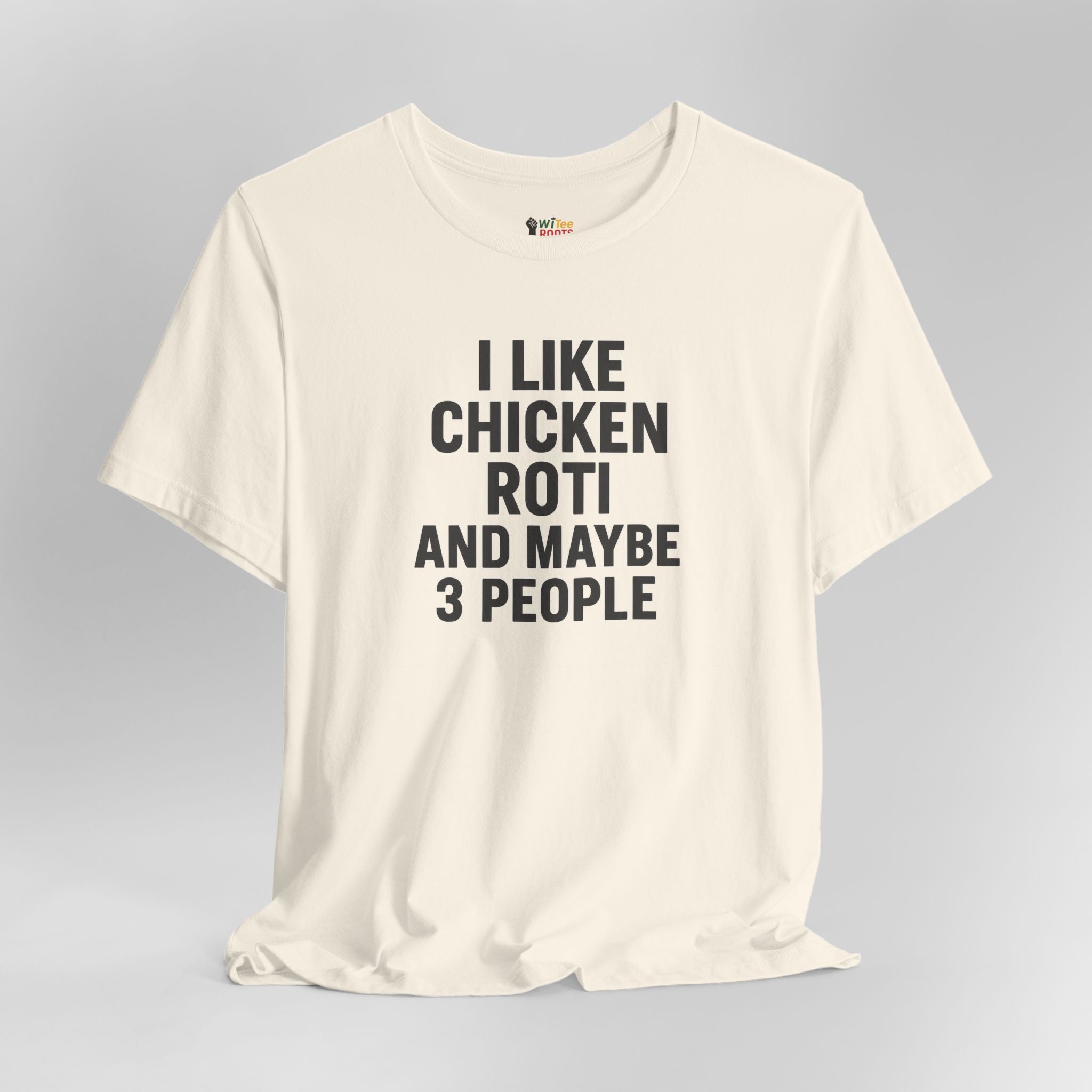 Cream t-shirt with black text on a gray background