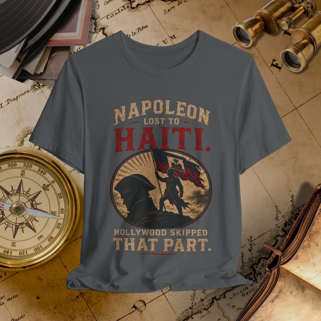 Gray t-shirt with Napoleon graphic and text on a vintage map background