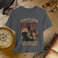 Gray t-shirt with Napoleon graphic and text on a vintage map background
