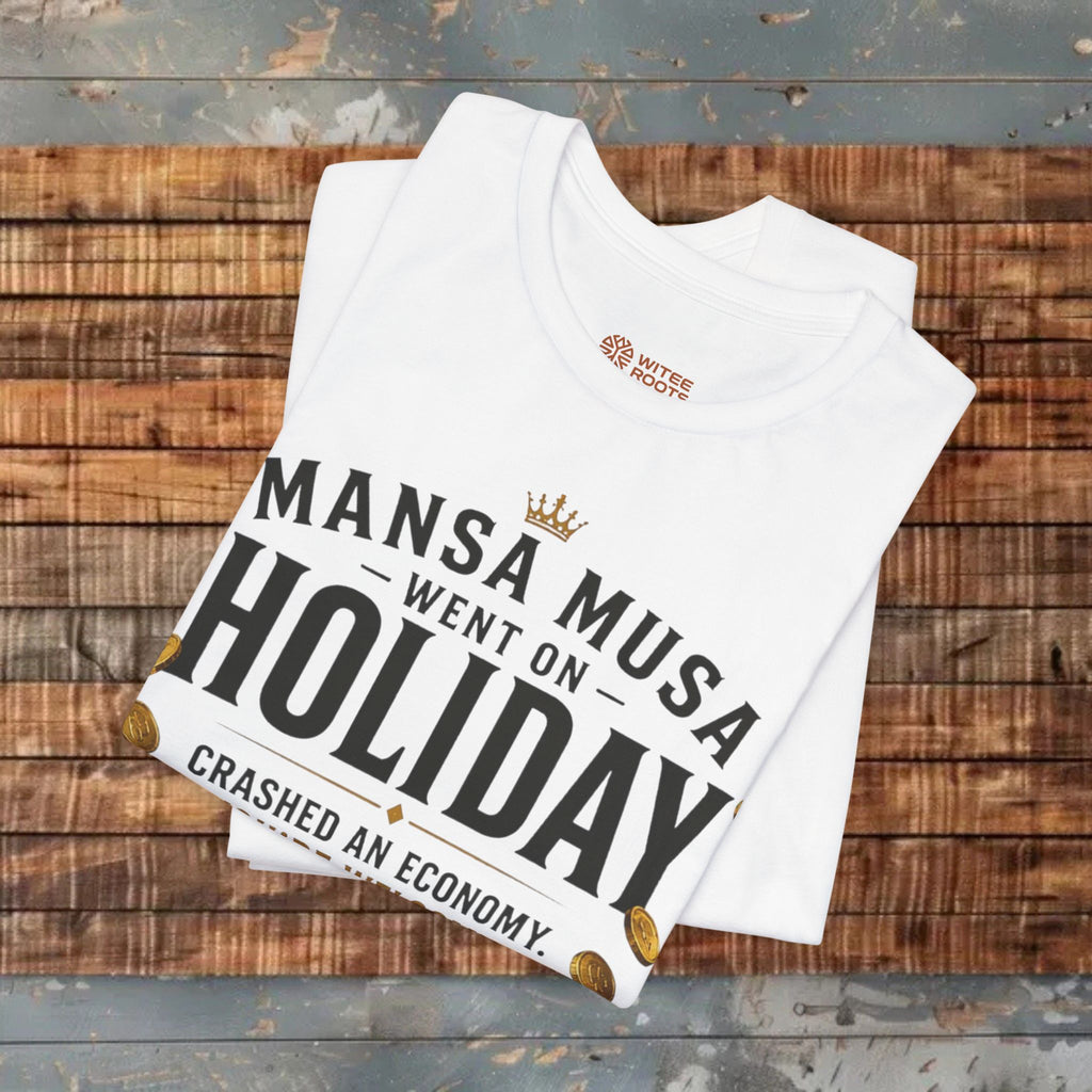 White t-shirt with humorous text design on a wooden surface