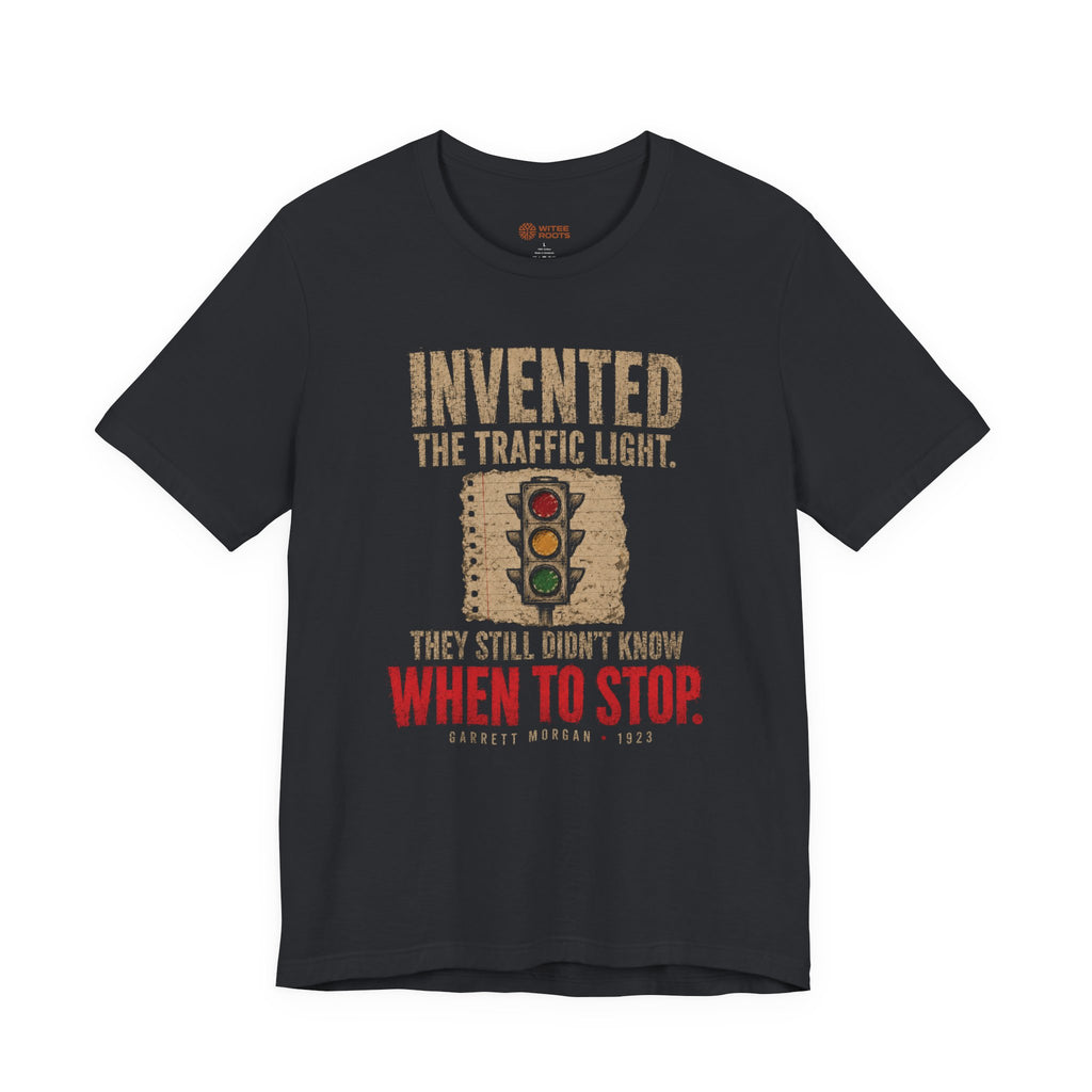Black t-shirt with traffic light graphic and text on a white background