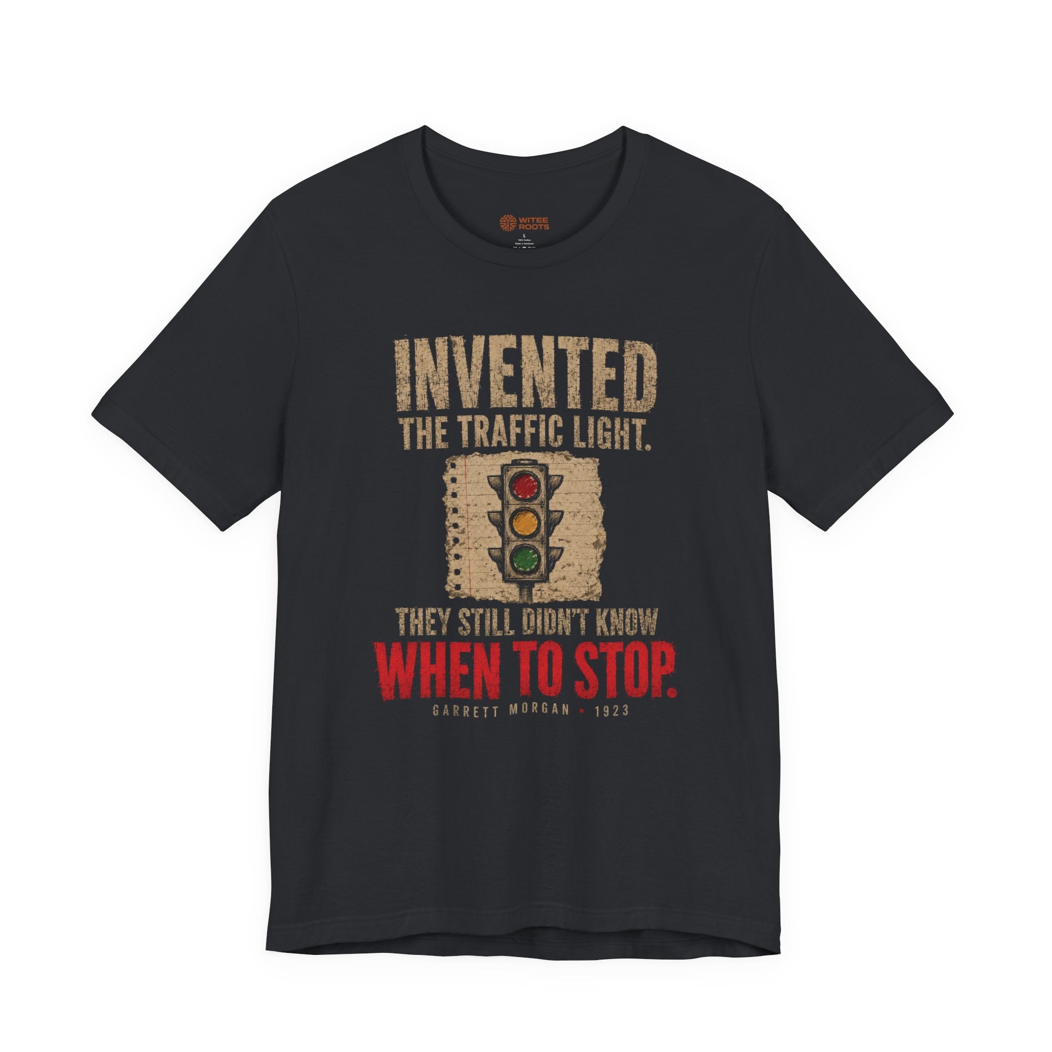 Black t-shirt with traffic light graphic and text on a white background