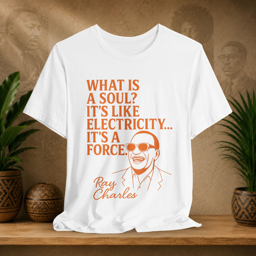 White t-shirt with Ray Charles quote on a wooden shelf with plants and decorative items.