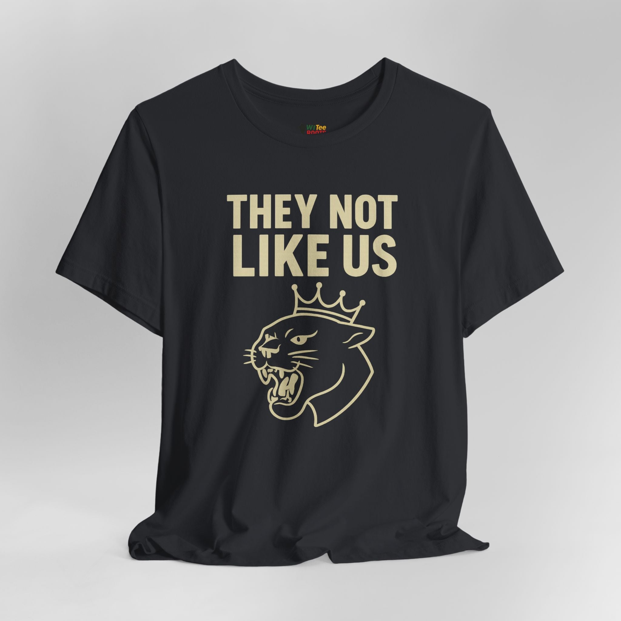Black t-shirt with gold text and panther graphic on a gray background