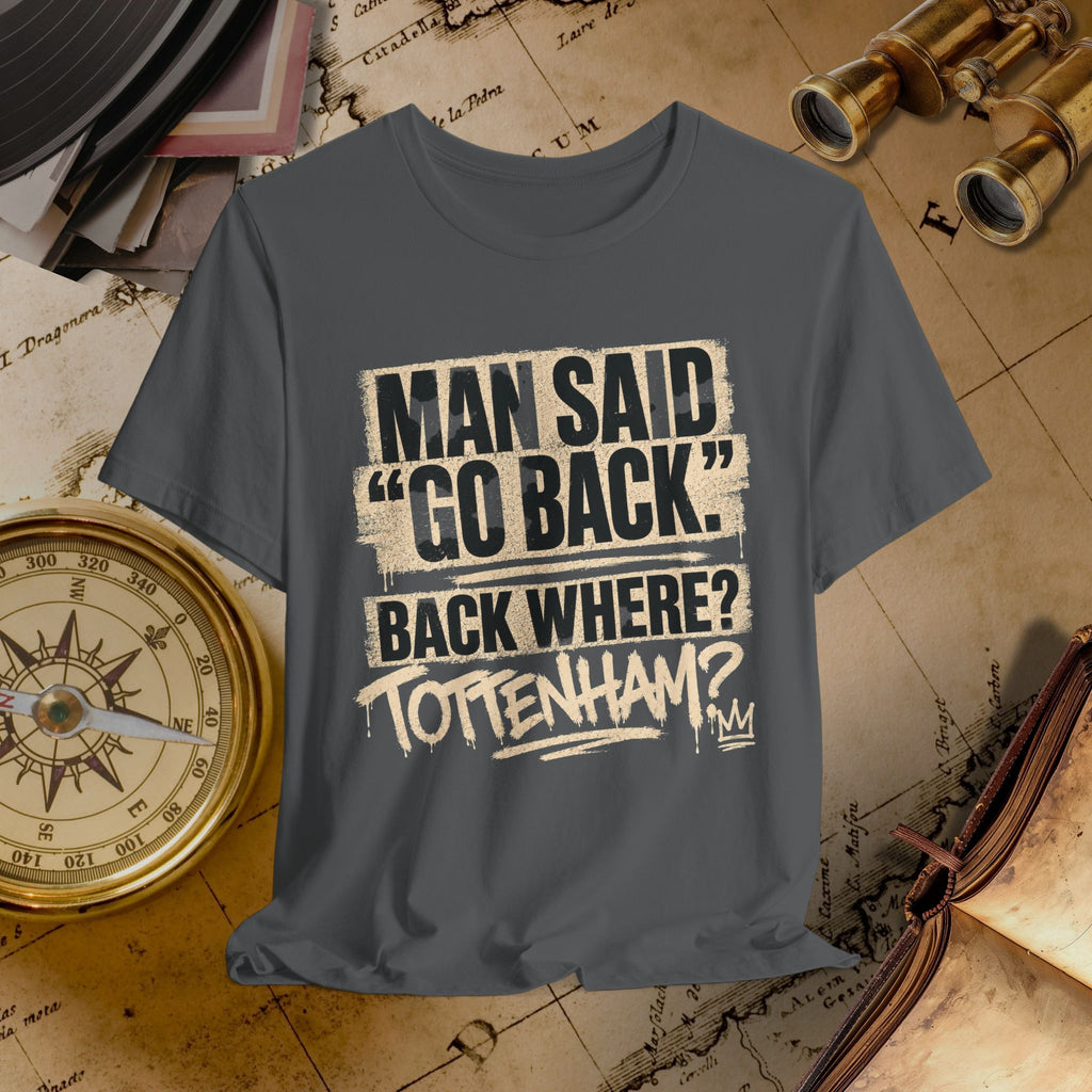 Gray t-shirt with humorous text design on a vintage map background