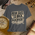 Gray t-shirt with humorous text design on a vintage map background