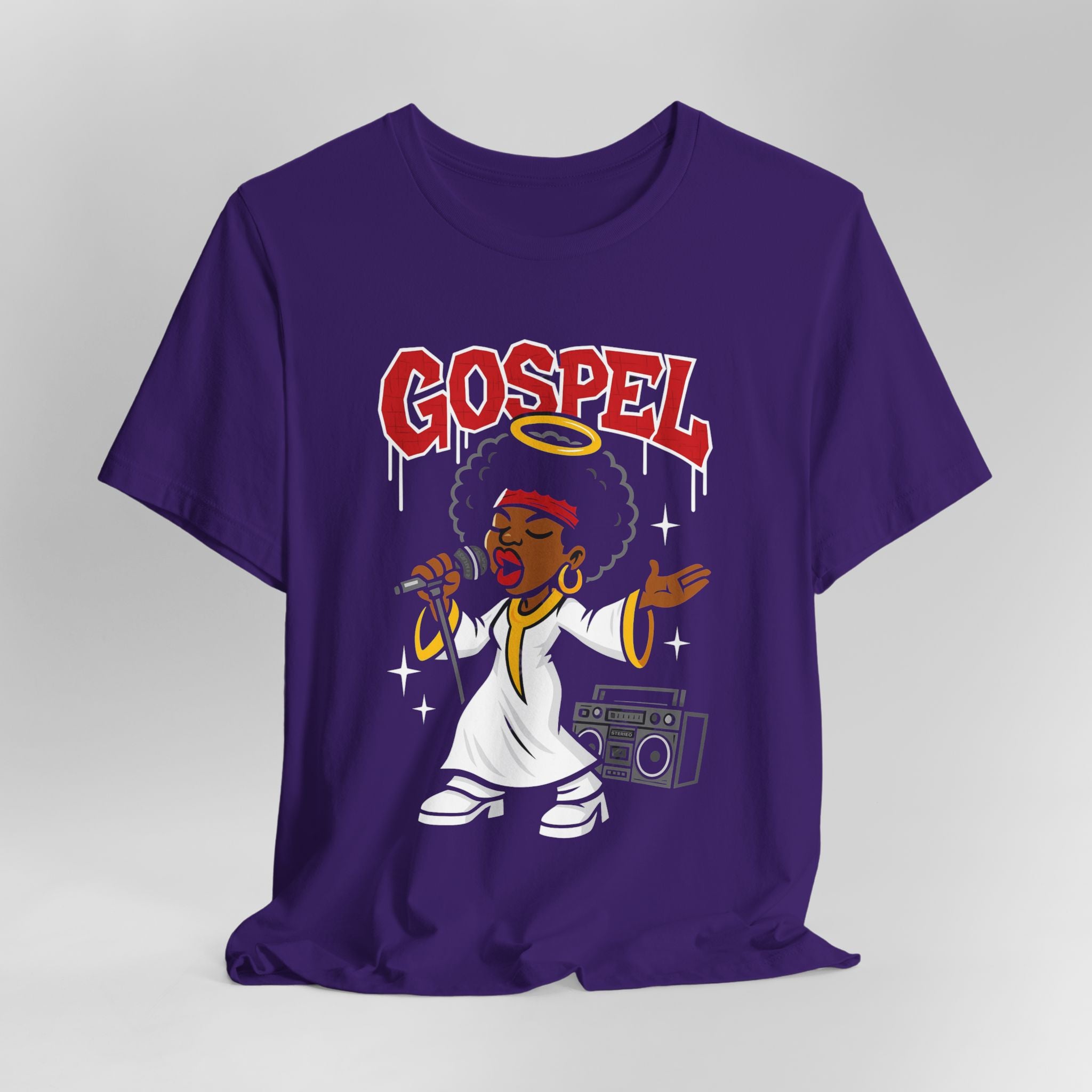Purple t-shirt with a graphic of a person singing into a microphone and the word 'Gospel' above, on a light gray background.