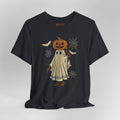 A black short-sleeve t-shirt with a Halloween graphic of a ghost character wearing a jack-o'-lantern head, surrounded by bats, spiderwebs, and cobwebs. The brand name 'BLOOMIGHT' is printed inside the collar.