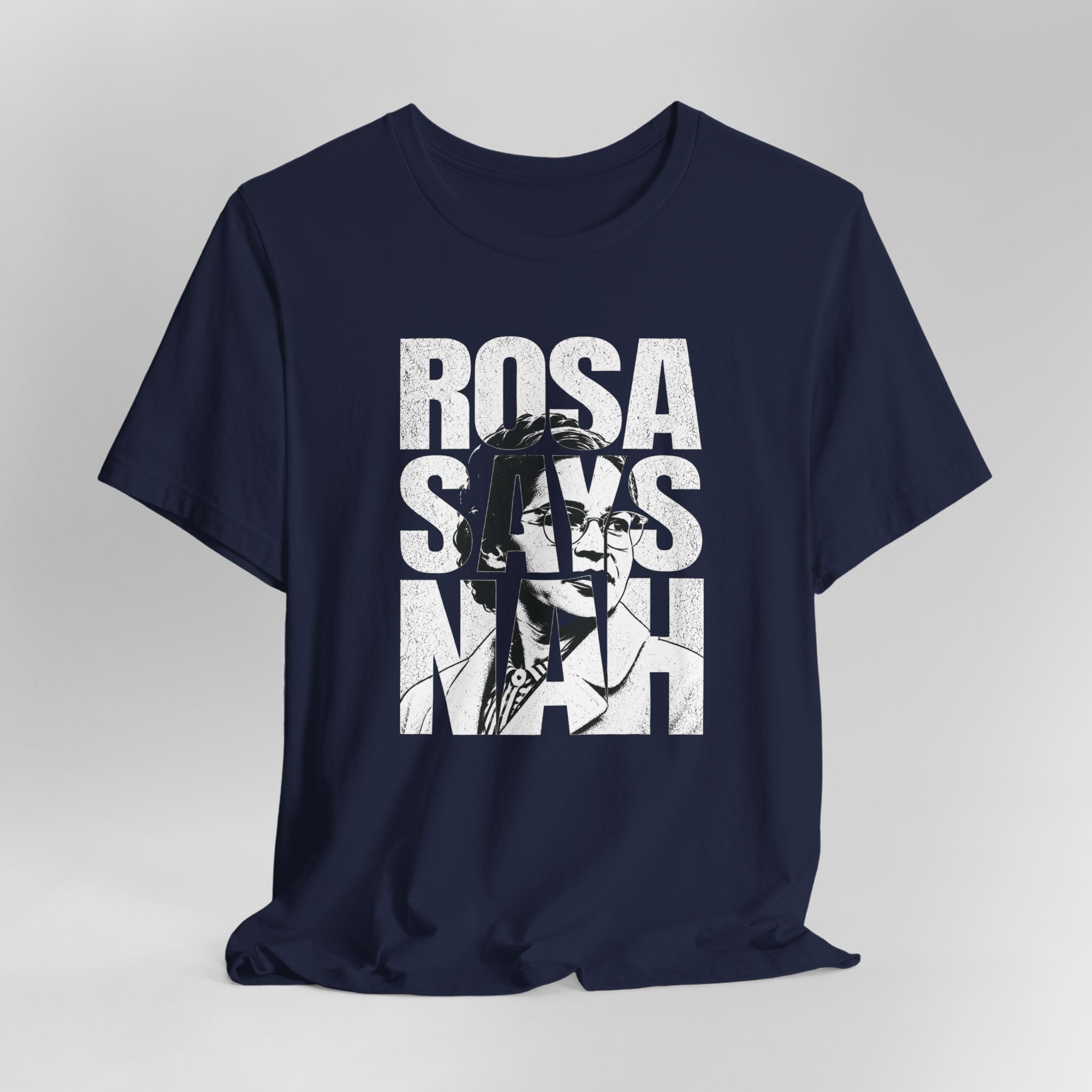 Navy blue t-shirt with graphic design and text on a gray background