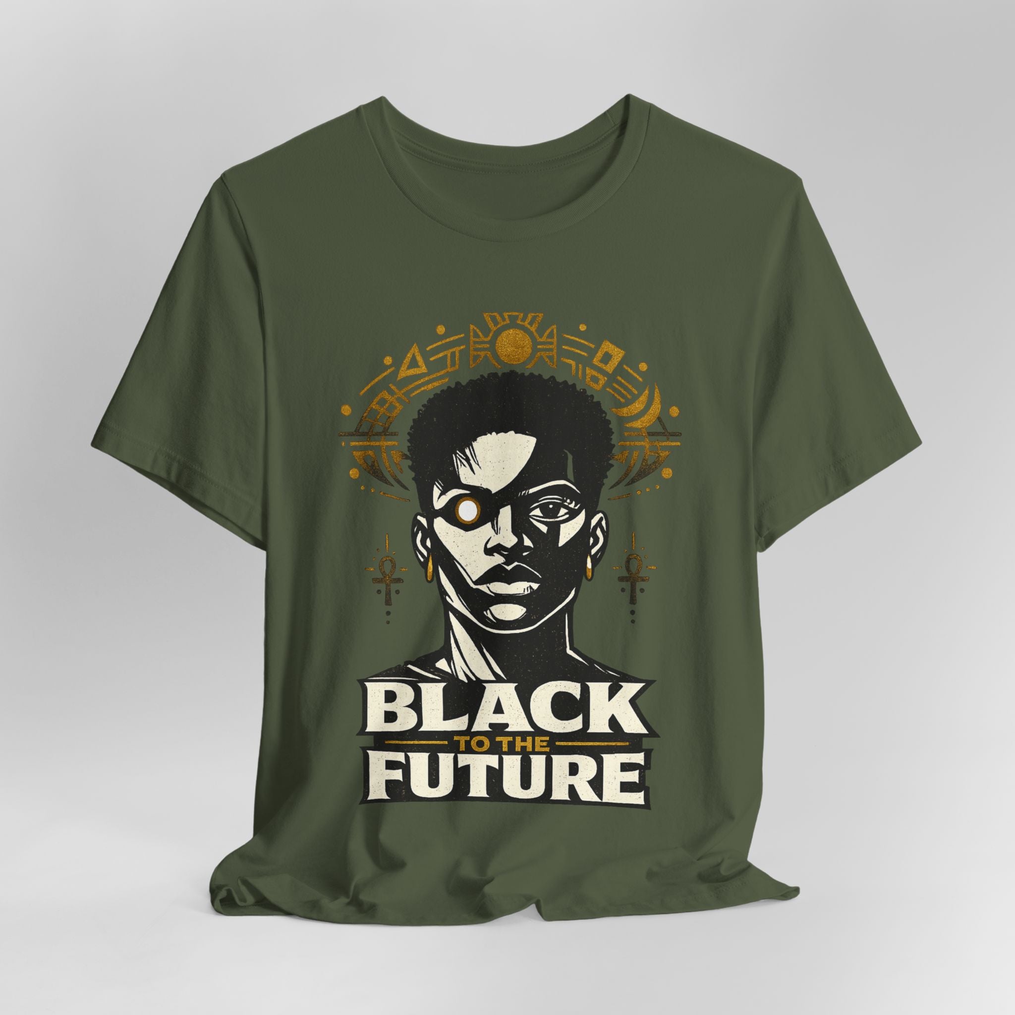 Green t-shirt with a graphic of a person and 'Black to the Future' text on a gray background