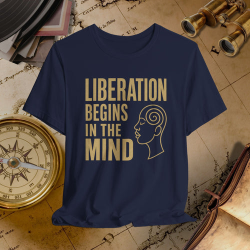 Navy blue t-shirt with 'Liberation Begins in the Mind' text and graphic on a vintage map background.