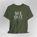 Green t-shirt with 'WE OUT. HARRIET TUBMAN 1849' text on a gray background