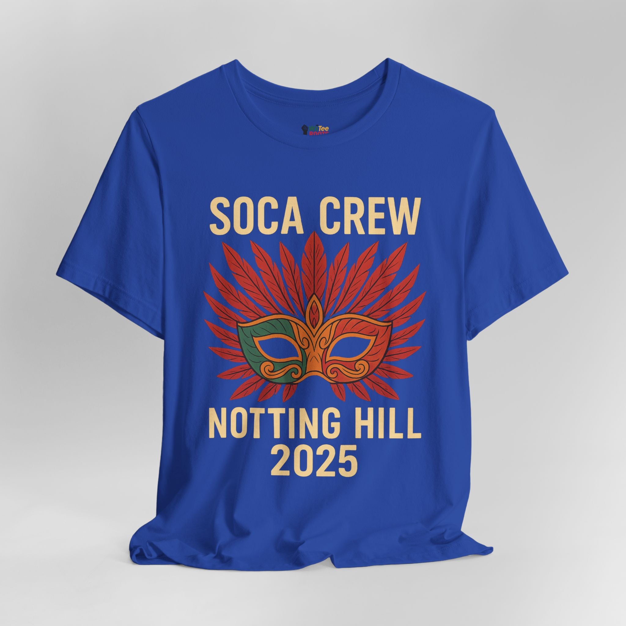 Blue t-shirt with 'Soca Crew Notting Hill 2025' design on a gray background