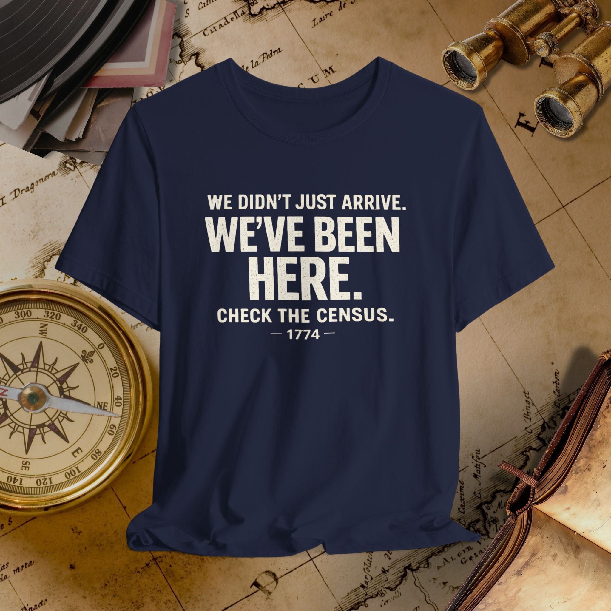 Navy blue t-shirt with humorous text on a vintage map background