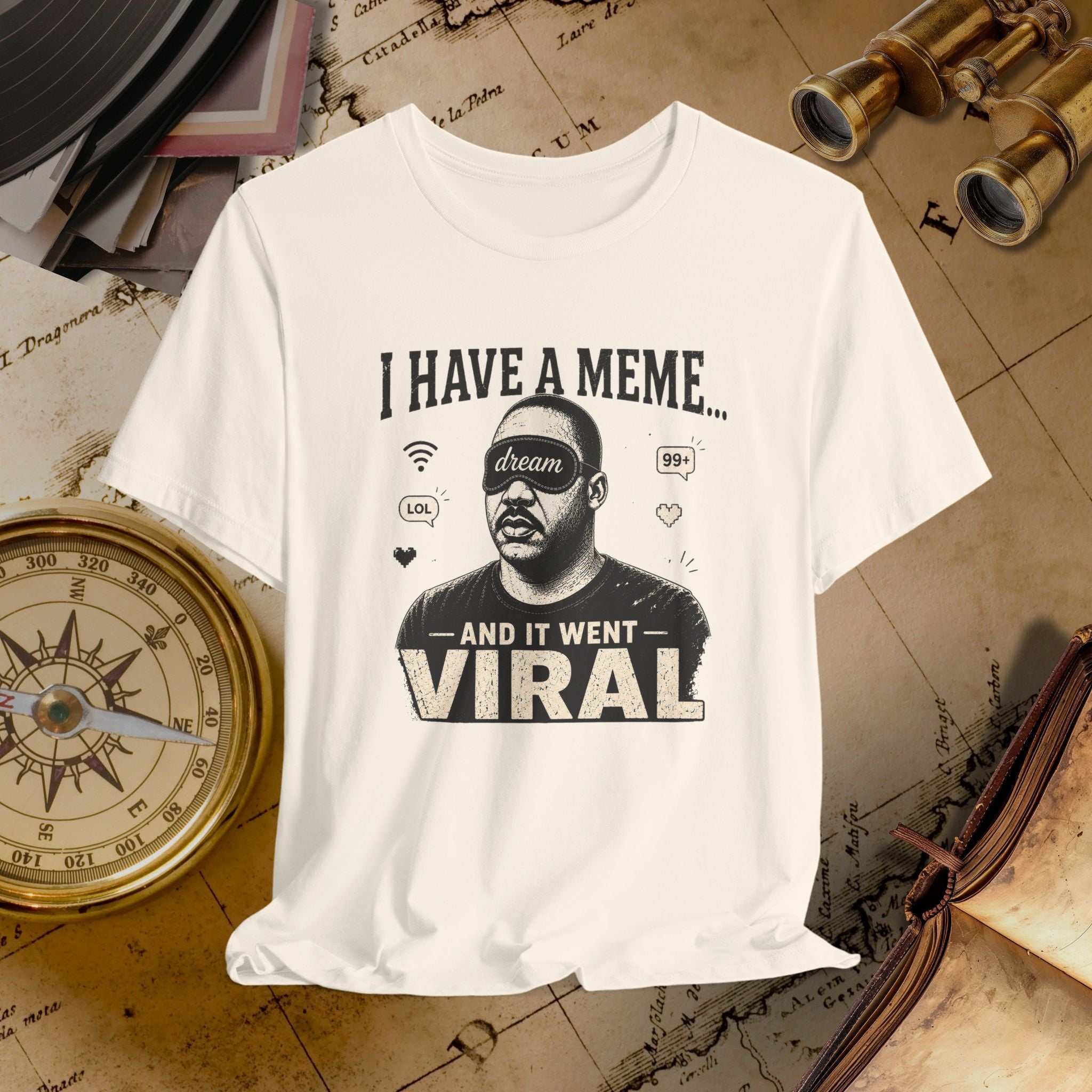 Beige t-shirt with graphic design and text on a vintage background