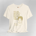 Beige t-shirt with gold text and Nina Simone graphic on a gray background