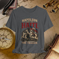 Gray t-shirt with Napoleon graphic and text on a vintage map background
