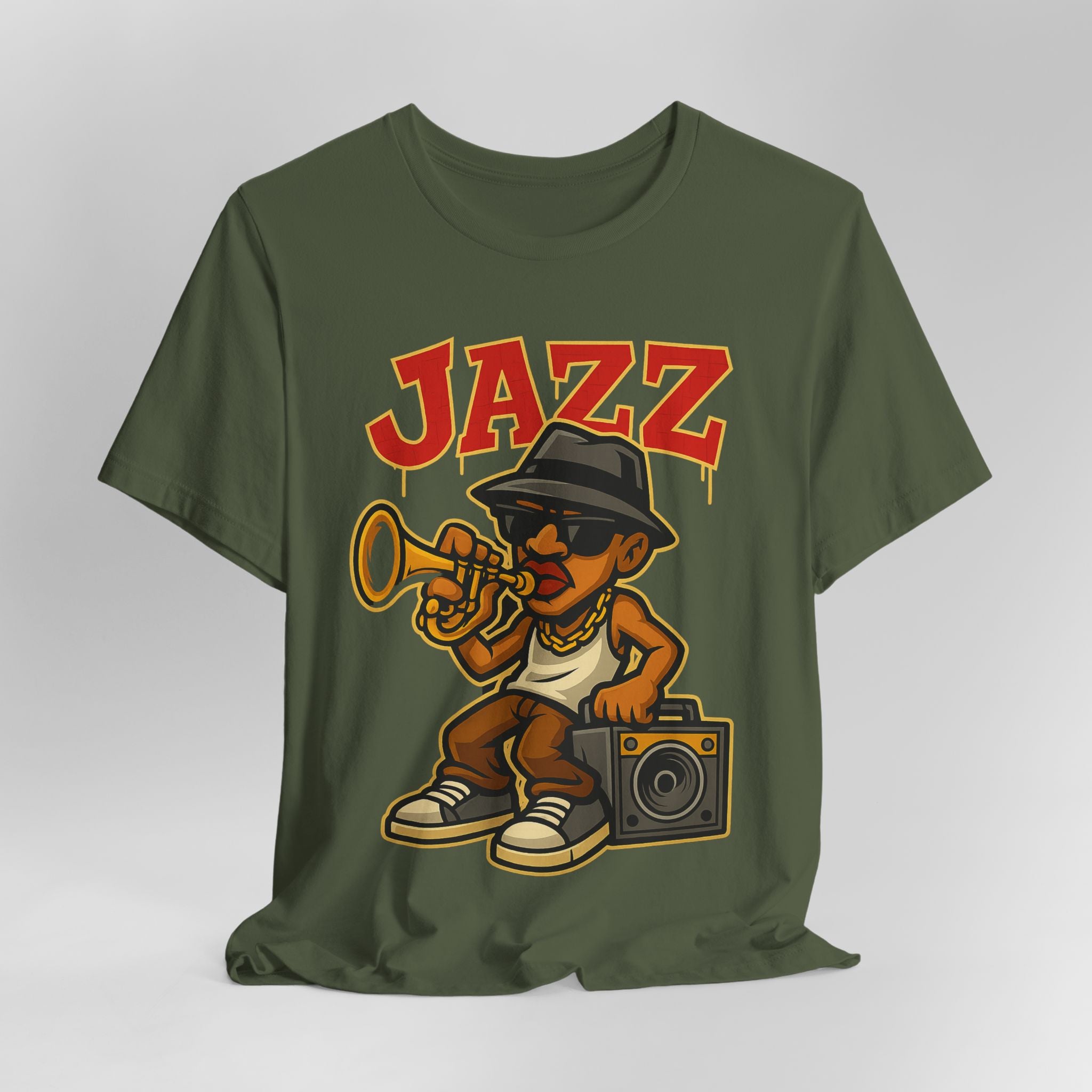 Green t-shirt with a cartoon character playing a trumpet and the word 'Jazz' on a gray background