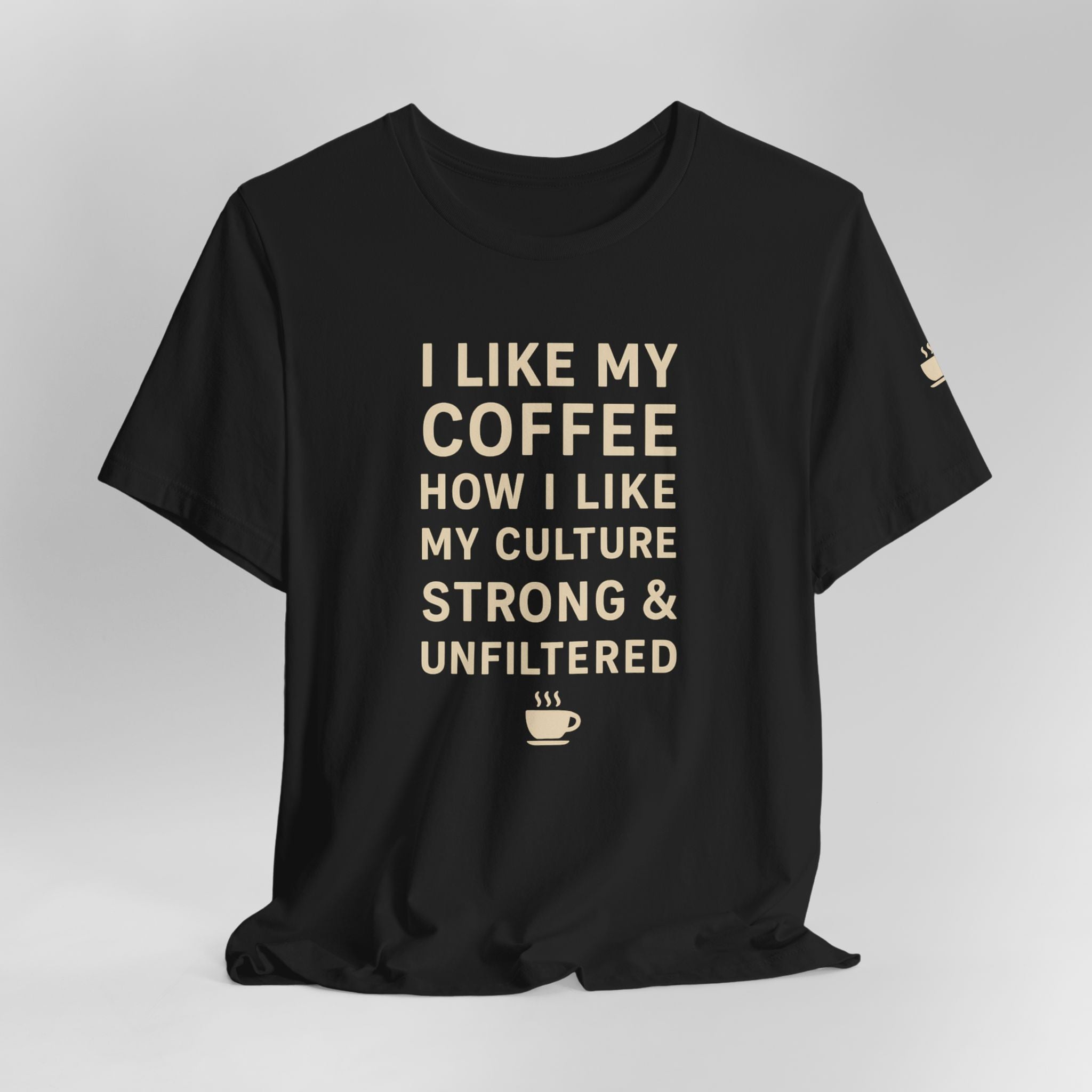 Black t-shirt with gold text and coffee cup graphic on a light gray background