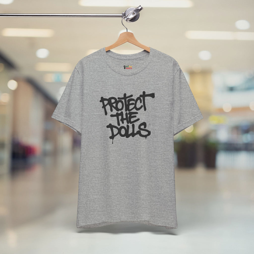 Gray t-shirt with 'PROTECT THE POLLS' text on a hanger in a blurred indoor setting