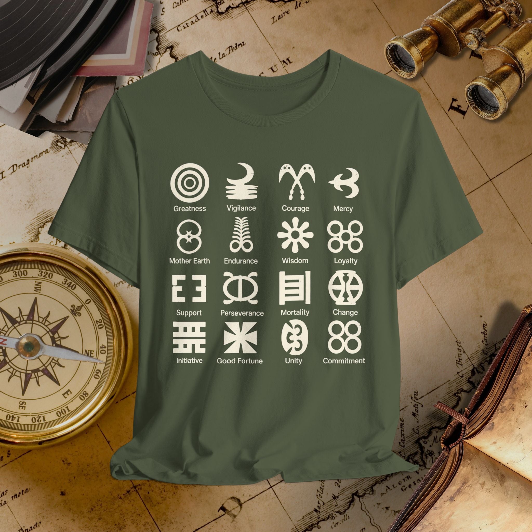 Green t-shirt with symbols and text on a vintage map background
