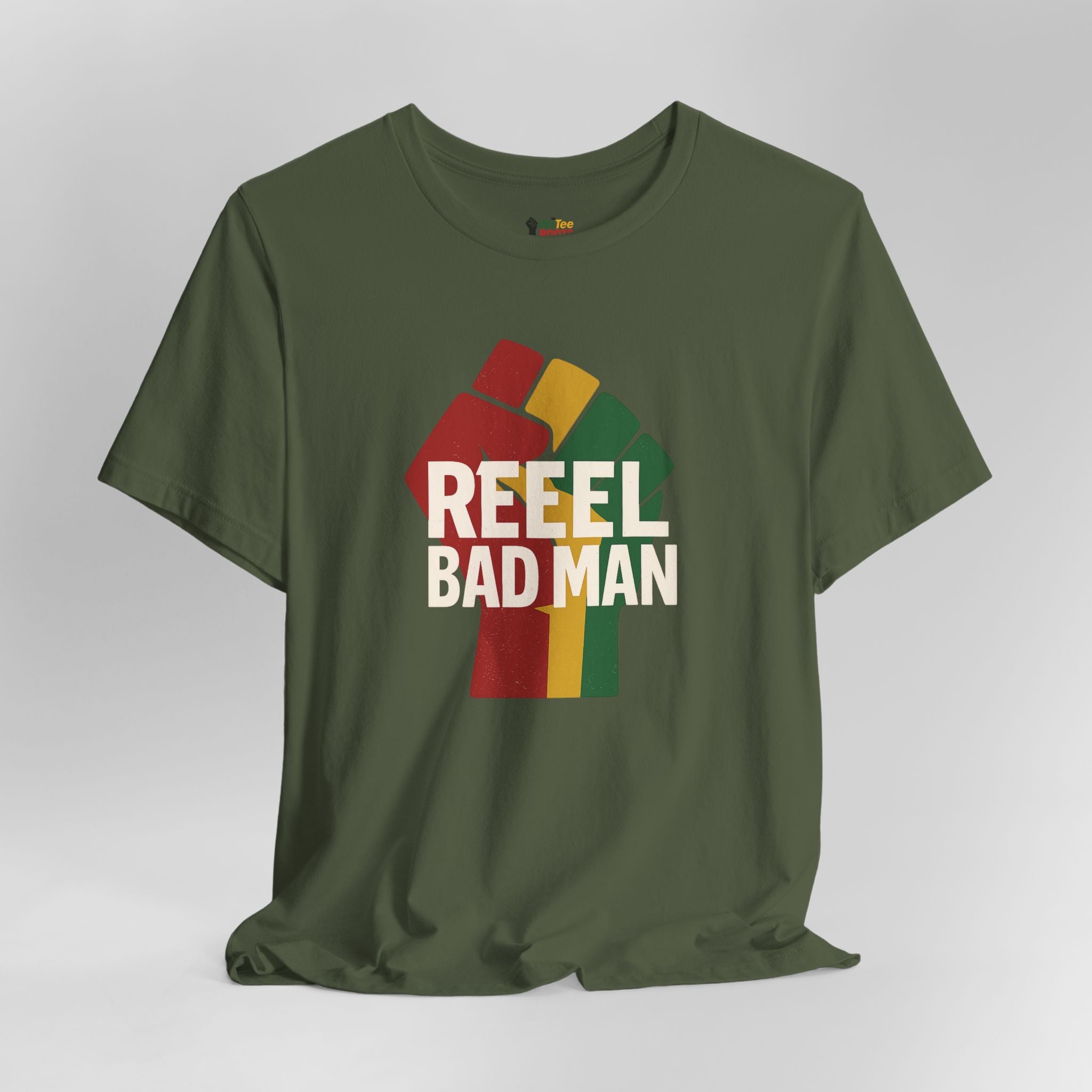 Green t-shirt with 'Reel Bad Man' graphic design on a gray background