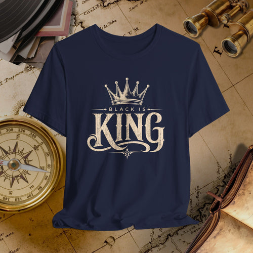 Navy blue t-shirt with 'Black is King' design on a vintage map background