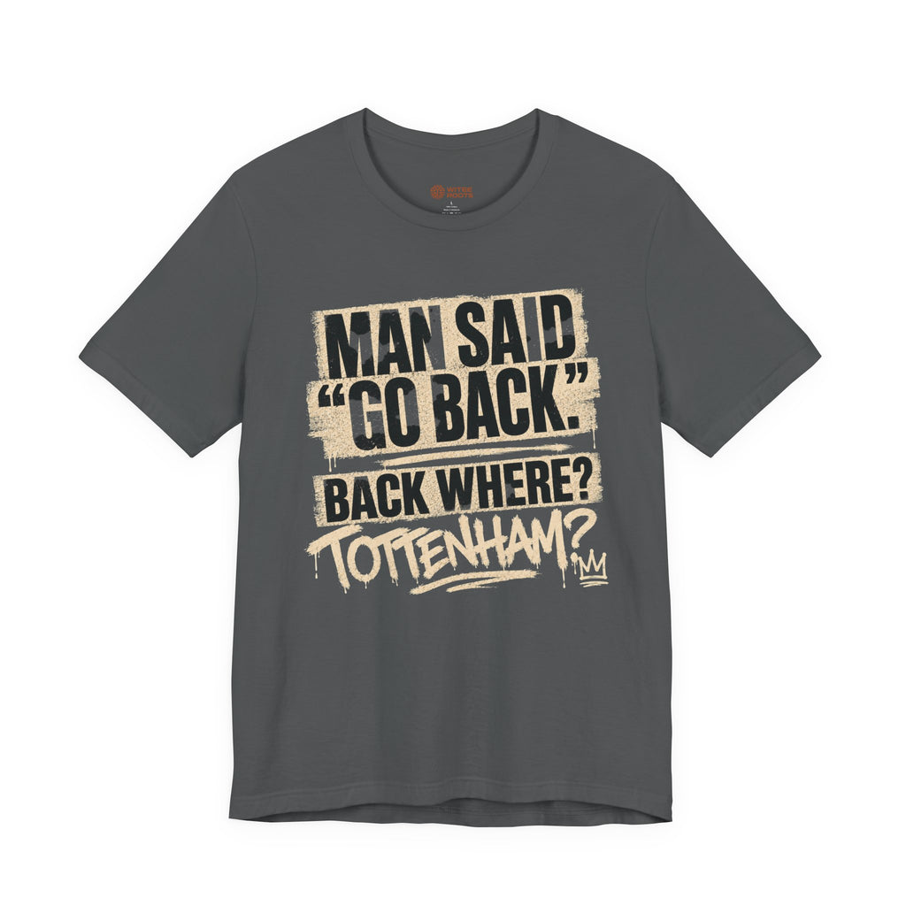 Gray t-shirt with printed text on a white background