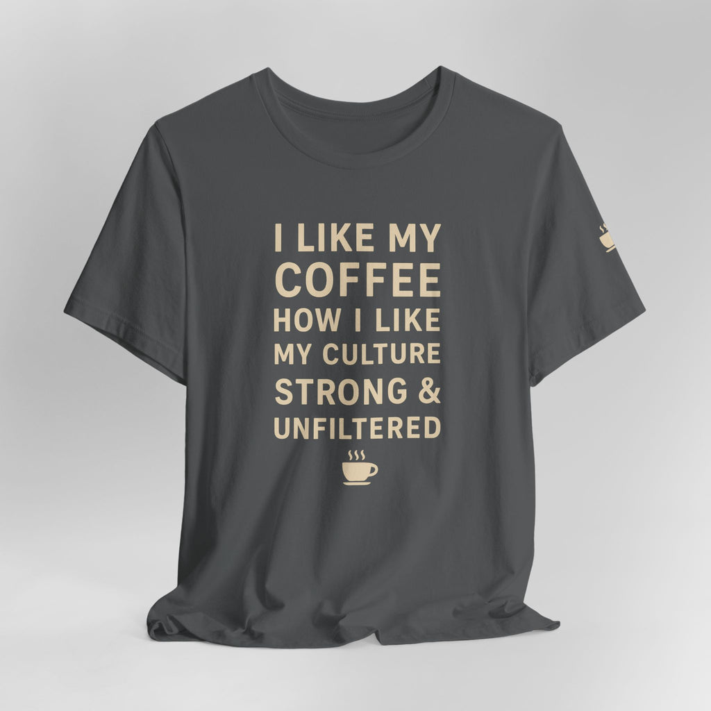 Gray t-shirt with a small orange and white logo on a light gray background