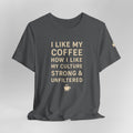 Gray t-shirt with a small orange and white logo on a light gray background