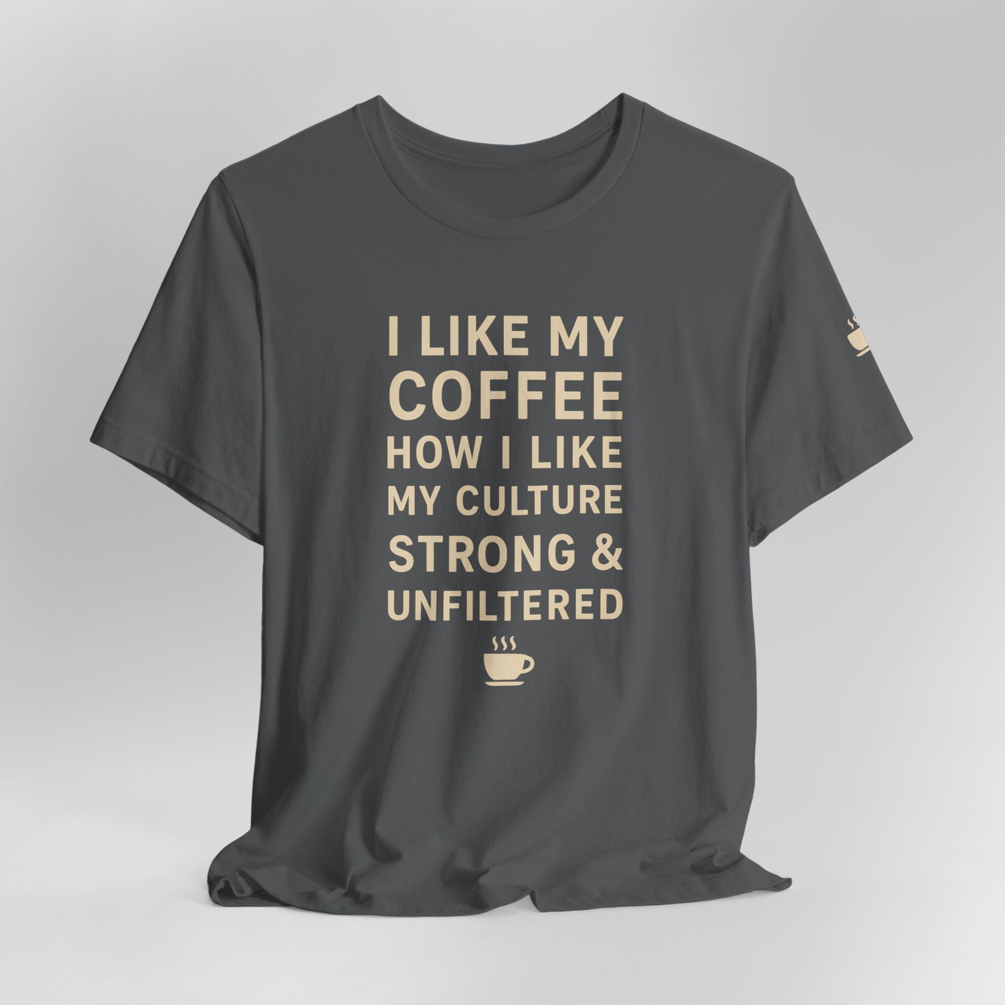 Gray t-shirt with a small orange and white logo on a light gray background