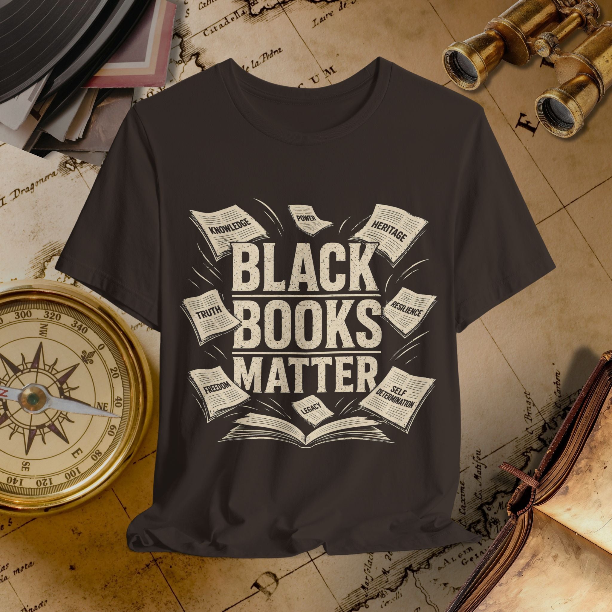 Black t-shirt with 'Black Books Matter' design on a vintage map background
