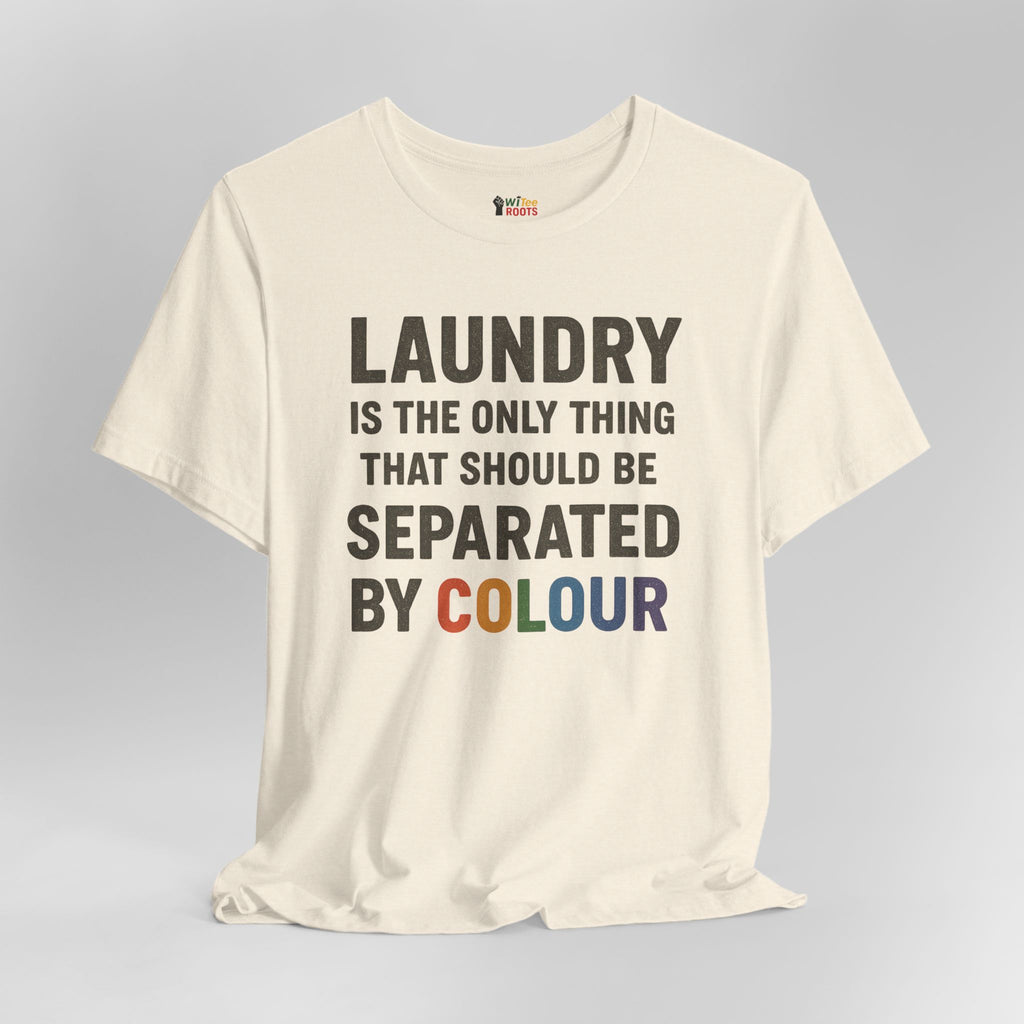 Beige t-shirt with humorous laundry text on a gray background