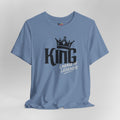 Blue t-shirt with 'King Lineage of Legends' text and crown graphic on a gray background