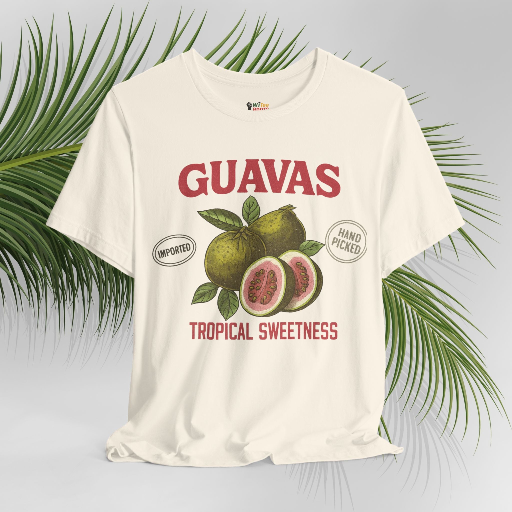 Beige t-shirt with guava graphic and text on a light gray background