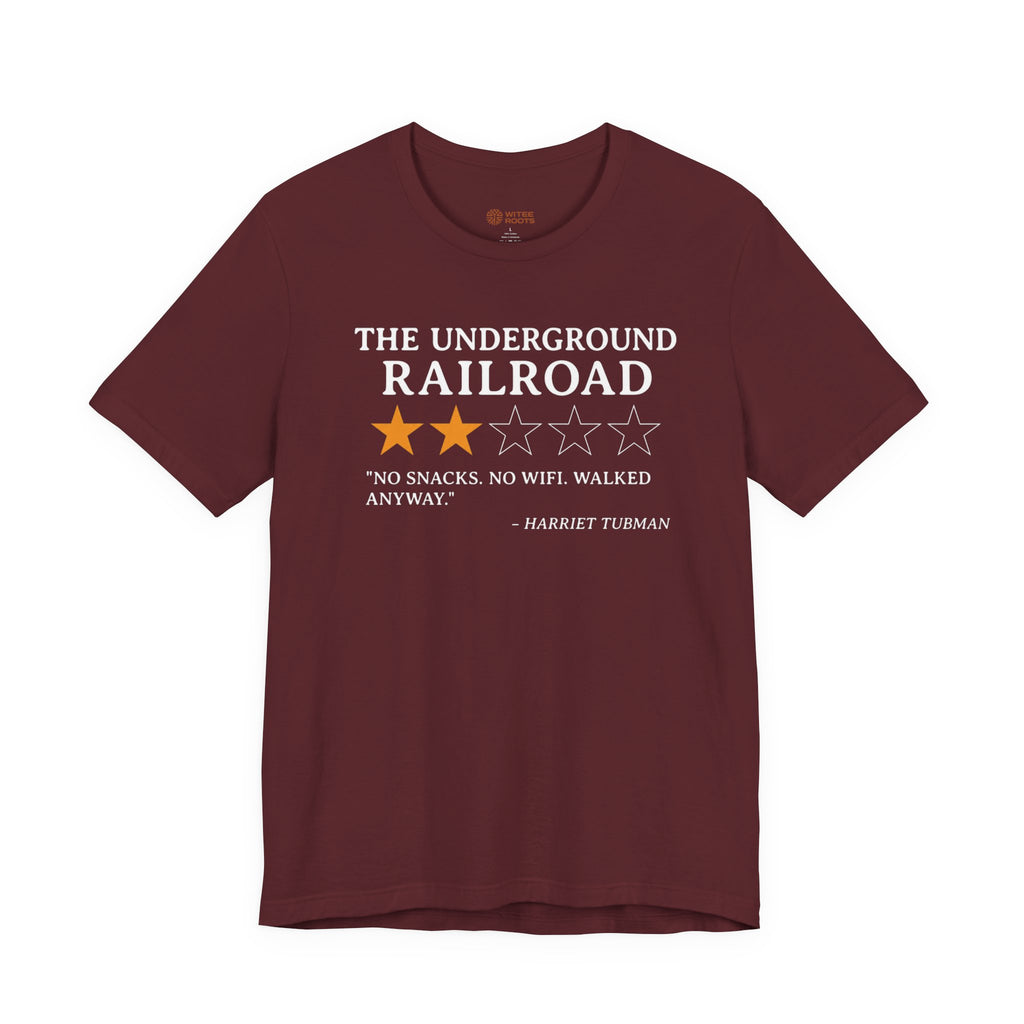 Maroon t-shirt with text and stars on a white background
