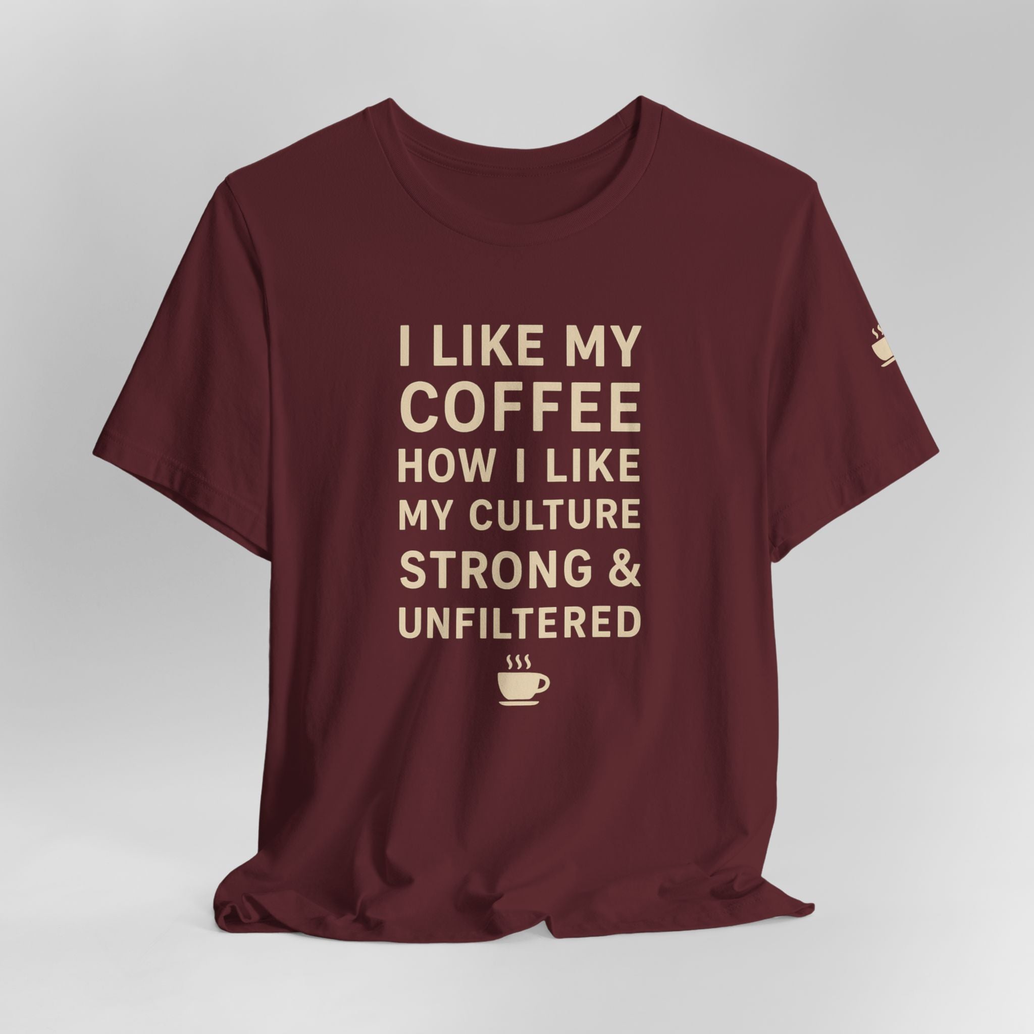 Maroon t-shirt with text on a white background