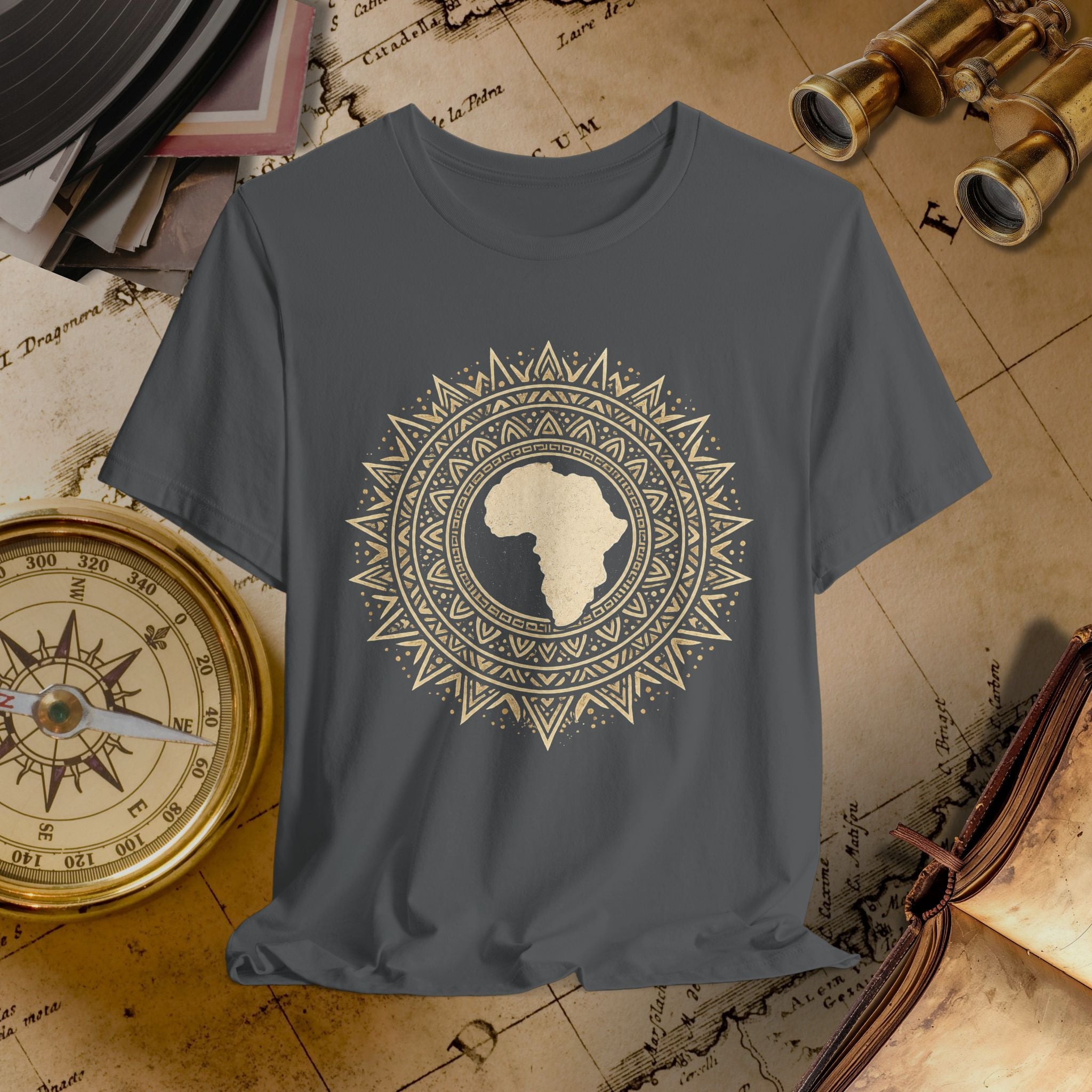 Gray t-shirt with African design on a vintage map background
