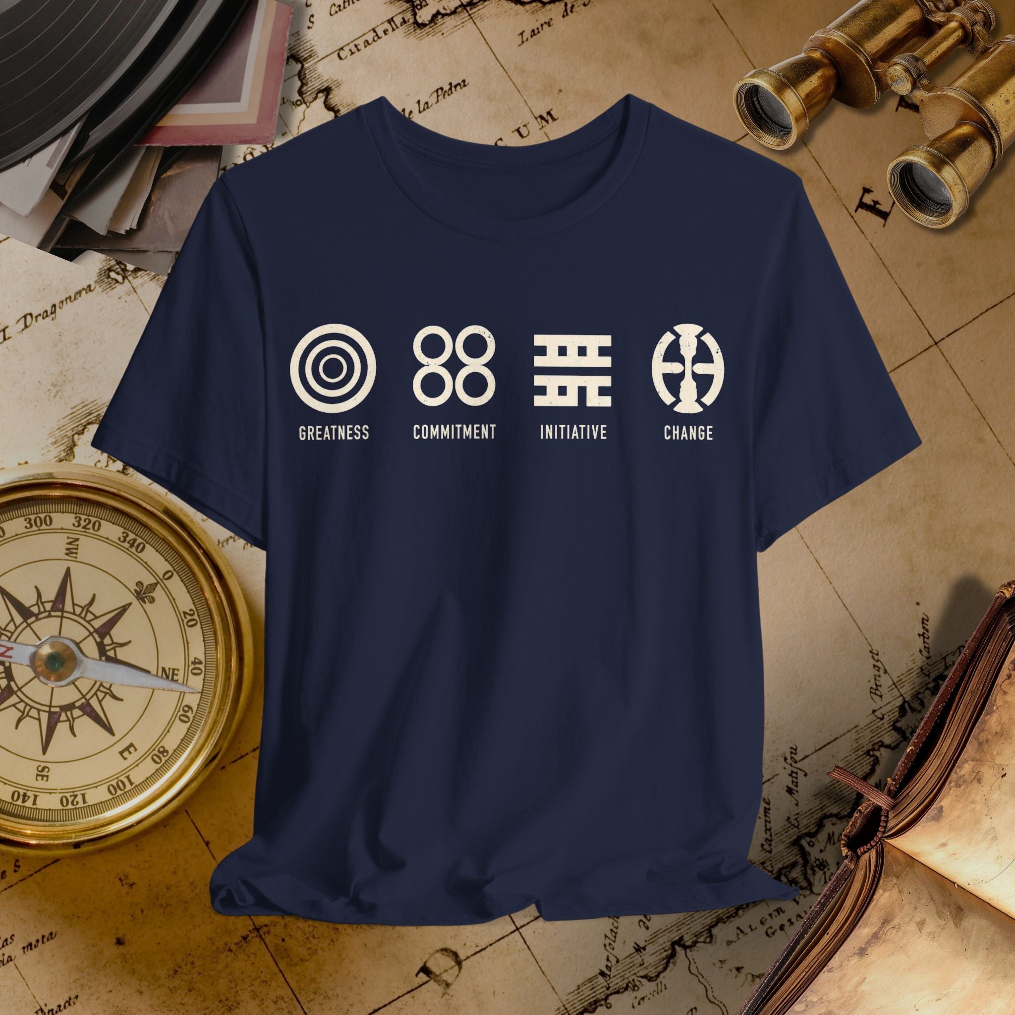 Navy blue t-shirt with motivational symbols and text on a vintage map background